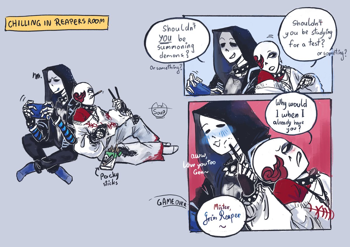SoupWerewolf's tweet photo. A little something with the emo Reaper and goth Geno.(It's a bit messy...)

#afterdeath #genosans #reapersans https://t.co/A2QpKdz63m
