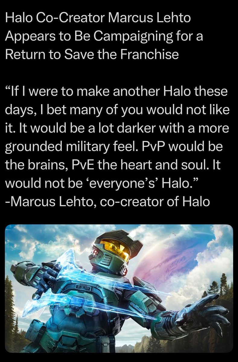 KingWookWook's tweet photo. Not sure if you actually said this, but as  a lifelong (since CE came out) Halo lover, I'd love the OG's back and I think so many others would. We want the real Halo back, that had soul, passion and meaning.
@game_fabricator https://t.co/FjfqWhdpHU