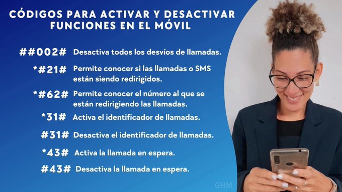 XiomaraGarcaSe1's tweet photo. Códigos para activar y desactivar funciones en tu móvil
#EtecsaTeAcompaña https://t.co/qvTqw6semO