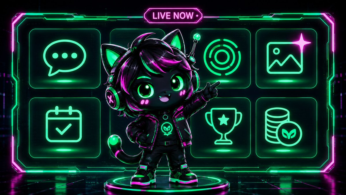 CHIKAI_sol's tweet photo. What you can actually do in CHIKAI right now: 🟢 chat with the AI, 🔍 scan any token, 🎨 make memes, ✅ daily check-in, 🎯 quests, 🤝 referrals, 🏆 leaderboard, ⭐ points &amp; rank. No waitlist. It's all live. https://t.co/6k1hyyZyKb https://t.co/H4y52GQbHB