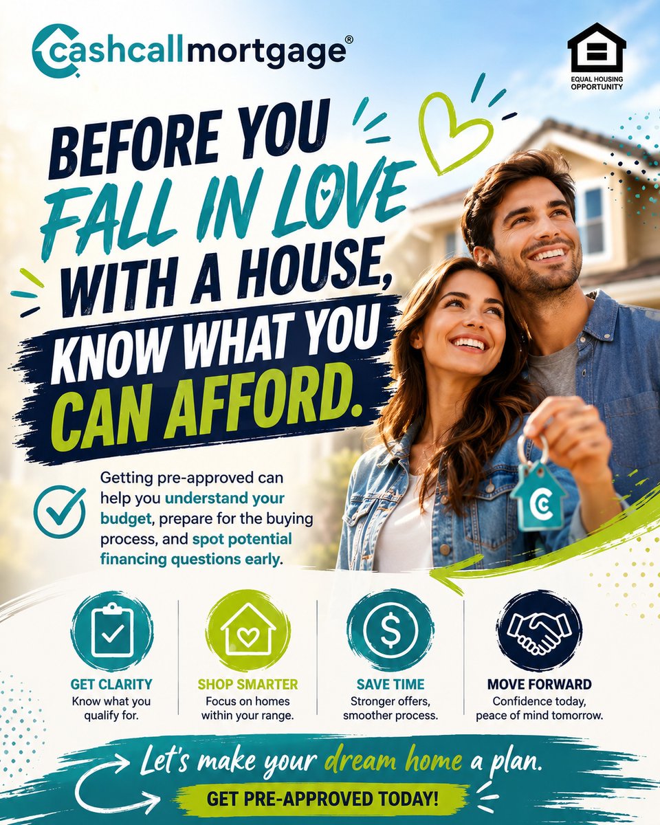 CashCallLoan's tweet photo. Falling in love with a house is easy. Knowing what fits your budget comes first.  

Getting pre-approved can help you understand your buying range, identify potential financing questions early, and approach your home search with a clearer plan.  

Before you start scrolling through listings, start with a conversation.  

CashCall Mortgage can help you explore your financing options.  

📞 (833) 318-0988 
🌐 https://t.co/XIB6DPtHzg 

#cashcallmortgage #mortgagepreapproval #homebuying #firsttimehomebuyer