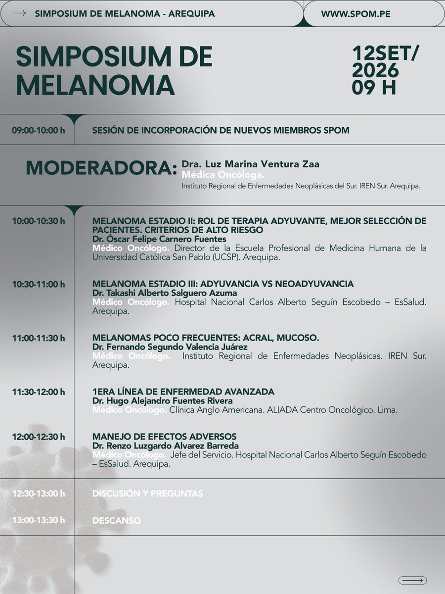 PeruanaSpom's tweet photo. Arequipa | Simposium de Melanoma SPOM

Este 12 de septiembre, especialistas se reunirán para una jornada de actualización, casos clínicos y discusión sobre el abordaje actual del melanoma.

12 SET 2026 | 09 h
Hotel Costa del Sol
Presencial

#SPOM #Melanoma #Oncología https://t.co/FSloQohGNh
