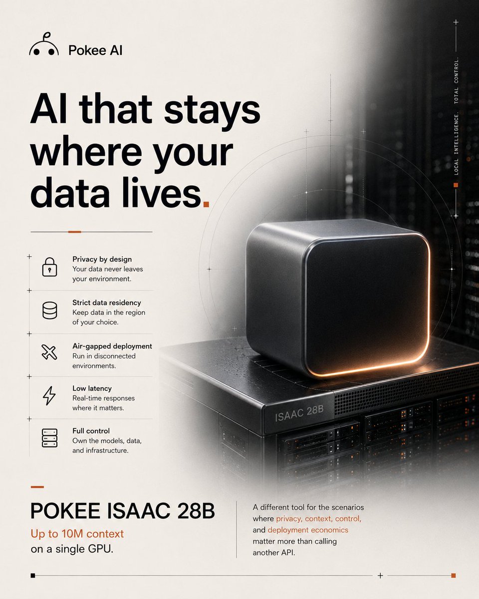 Pokee_AI's tweet photo. Why run AI locally when GPT or Claude are already so good?

Because some workloads simply shouldn’t leave your environment.

Think:
• Sensitive enterprise data & strict data residency
• Private codebases, logs, research, legal or financial docs
• Air-gapped / offline environments
• Low-latency workflows that can’t depend on an API
• Massive context that becomes expensive to repeatedly send to the cloud
• Teams that need full control over models, data, and infrastructure

And “just build it internally” isn’t always the answer. Internal AI infrastructure means significant engineering work across optimization, deployment, monitoring, and maintenance.

That’s where local deployment gets interesting.
Pokee Isaac 28B is built for this: up to 10M context on a single GPU.

Not a replacement for GPT or Claude everywhere.
A different tool for the scenarios where privacy, context, control, and deployment economics matter more than calling another API.

Book a demo with Pokee today: https://t.co/ND3vtl3quN