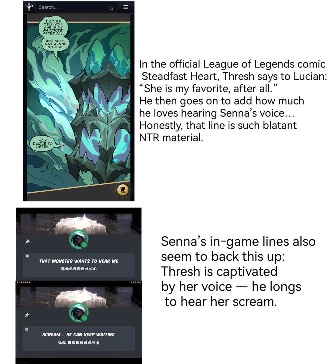 3wyvt's tweet photo. Thresh once described Senna with these words: “She is my favorite, after all.”

This is another older drawing of mine. My apologies for the wonky anatomy.

#LeagueOfLegends 
#LeagueOfLegendsFanArt 
#Thresh #Senna #Viego https://t.co/ZoXOBItmAr
