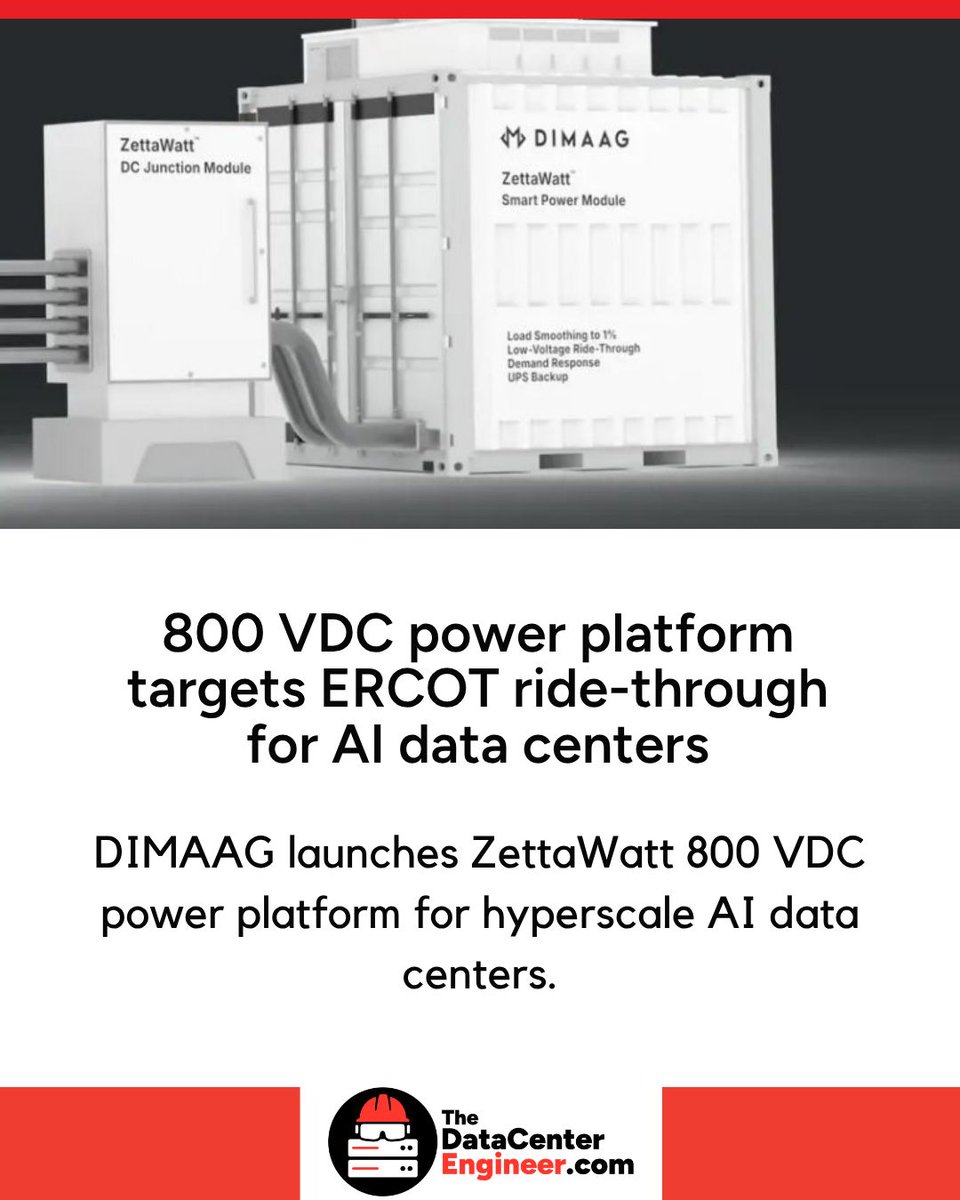 DataCenterEngnr's tweet photo. 800 VDC power platform targets ERCOT ride-through for AI data centers. More here: https://t.co/5yI98nhHuO

DIMAAG has launched the ZettaWatt Power Platform, a modular grid-to-800 VDC power conversion and stabilization system designed for hyperscale AI data centers. The company is targeting utility interconnection hurdles in Texas’s ERCOT region, where large computational loads are being required to ride through specified grid disturbances rather than disconnect.

DIMAAG says the ZettaWatt platform has been independently validated by Electric Power Engineers (EPE) and meets ERCOT requirements for low-voltage ride-through. The system is also intended to smooth cyclic loads to less than 1% “as seen by the grid,” while avoiding the energy-efficiency penalties associated with double power conversion.