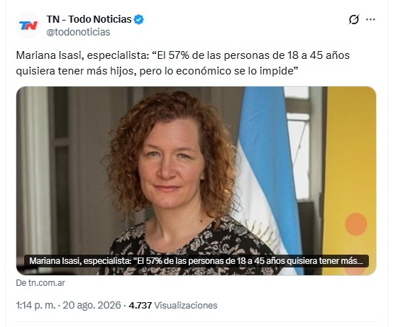 PabloJulianoLP's tweet photo. Según Milei, cae la natalidad por culpa de la ley de IVE. Pero el presidente no quiere ver aquello de lo que supuestamente sabe: la economía. 

En Buenos Aires, criar un hijo cuesta entre 1 millón y 1,6 millones por mes. ¿Cuántos matrimonios pueden afrontar estos costos a la hora de planificar una familia? 

Un informe de la ONU dice que el 57% de los argentinos quisiera tener más hijos, pero el bolsillo se los impide. 

Más datos y menos relatos ultra ideologizados.