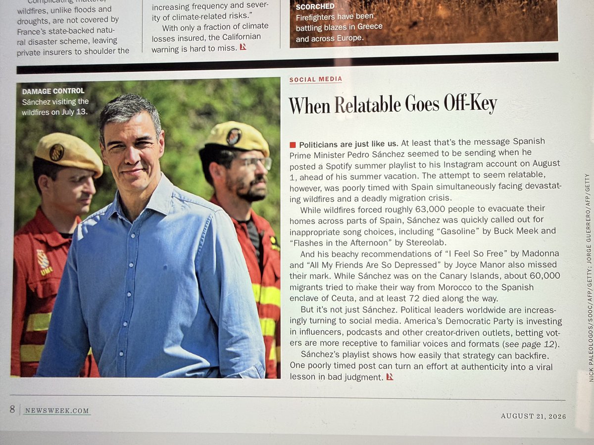 sanchezdelreal's tweet photo. El @newsweek le mete esta semana una buena cornada a la lista de Spotify de Sánchez. “Post con momento mal elegido”, “lección viral de poco juicio”.   Le va a escocer. No se les ocurra comentarlo. https://t.co/duwDah2JyL