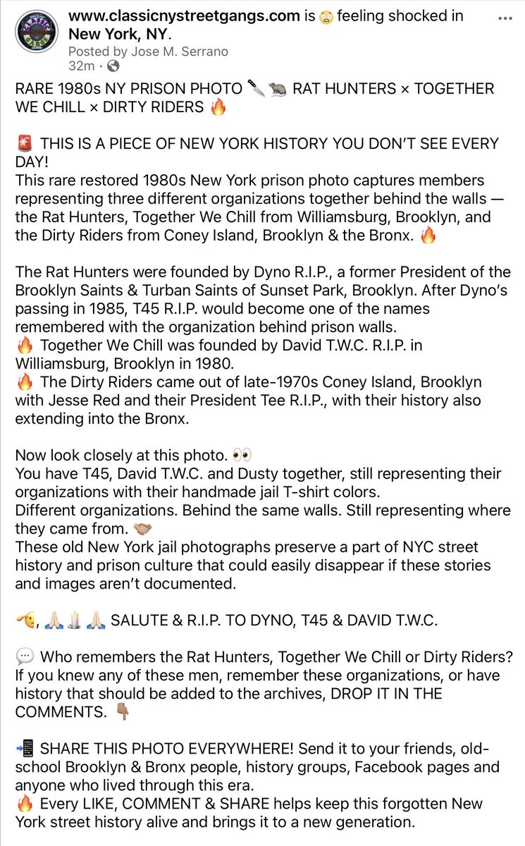 kingklast's tweet photo. RARE 1980s NY PRISON PHOTO ๐ช๐ RAT HUNTERS ร TOGETHER WE CHILL ร DIRTY RIDERS ๐ฅ
#RatHunters #TogetherWeChill #DirtyRiders #NYJailPhotos #ClassicNYStreetGangs https://t.co/Ws0NUMrQsh