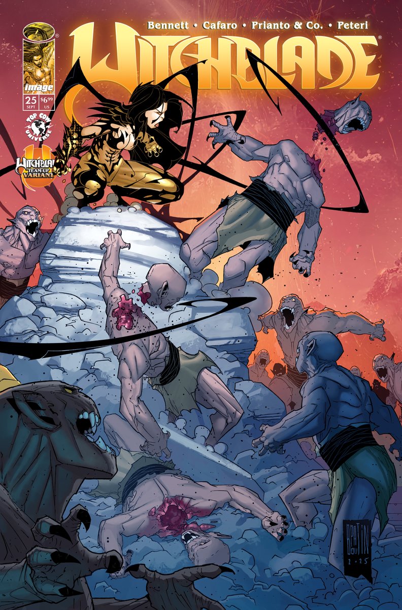 TopCow's tweet photo. THE REVIEWS SPEAK FOR THEMSELVES

“Consistently just awesome. I can’t recommend it enough!”
— @fanlightzone 

“A beautiful sense of kinetic rhythm and motion.”
— @WeReadComics 

“A dark, thrilling story… great action throughout.”
— @superpoweredfan 

“A tight, efficient, laser-focused first issue.”
— @ComicalOpinions 

“An exciting re-introduction to a classic series.”
— @MajorSpoilers 

And the run keeps getting stronger — Witchblade 22 scored 9.6 and 23 a perfect 10* from reviewer Russ Bickerstaff, who called Marguerite Bennett’s run “thoroughly entertaining.”

Now WITCHBLADE 25 kicks off a major new chapter for Sara Pezzini in a landmark oversized 48-page issue from Marguerite Bennett, Giuseppe Cafaro & Arif Prianto. 

Sara and Jake desperately need some R&R after the Aphrodite IX case—but carrying the Witchblade means the supernatural has a way of finding Sara wherever she goes. 

Plus, the celebration spreads across Image Comics with the WITCHBLADE TEAM-UP VARIANTS, and 25 features a connecting cover with The Darkness 8 by Pat Boutin & Steve Firchow, along with the return of Michael Turner’s classic Witchblade 25 cover. 

FINAL ORDER CUTOFF IS MONDAY!
Tell your comic shop you want WITCHBLADE 25.

#Witchblade #TopCow #ImageComics #SaraPezzini #FOC #Comics @Marc_Silvestri @peppe_rain