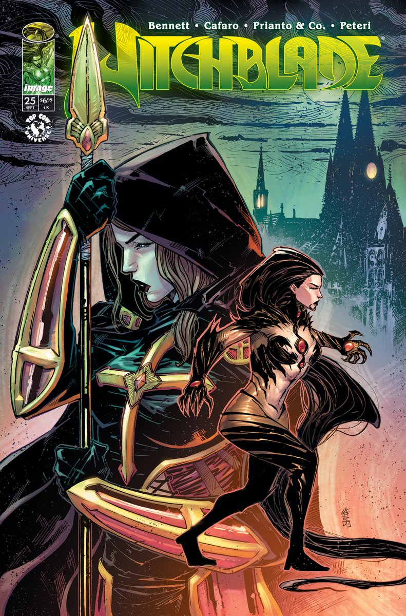 TopCow's tweet photo. THE REVIEWS SPEAK FOR THEMSELVES

“Consistently just awesome. I can’t recommend it enough!”
— @fanlightzone 

“A beautiful sense of kinetic rhythm and motion.”
— @WeReadComics 

“A dark, thrilling story… great action throughout.”
— @superpoweredfan 

“A tight, efficient, laser-focused first issue.”
— @ComicalOpinions 

“An exciting re-introduction to a classic series.”
— @MajorSpoilers 

And the run keeps getting stronger — Witchblade 22 scored 9.6 and 23 a perfect 10* from reviewer Russ Bickerstaff, who called Marguerite Bennett’s run “thoroughly entertaining.”

Now WITCHBLADE 25 kicks off a major new chapter for Sara Pezzini in a landmark oversized 48-page issue from Marguerite Bennett, Giuseppe Cafaro & Arif Prianto. 

Sara and Jake desperately need some R&R after the Aphrodite IX case—but carrying the Witchblade means the supernatural has a way of finding Sara wherever she goes. 

Plus, the celebration spreads across Image Comics with the WITCHBLADE TEAM-UP VARIANTS, and 25 features a connecting cover with The Darkness 8 by Pat Boutin & Steve Firchow, along with the return of Michael Turner’s classic Witchblade 25 cover. 

FINAL ORDER CUTOFF IS MONDAY!
Tell your comic shop you want WITCHBLADE 25.

#Witchblade #TopCow #ImageComics #SaraPezzini #FOC #Comics @Marc_Silvestri @peppe_rain