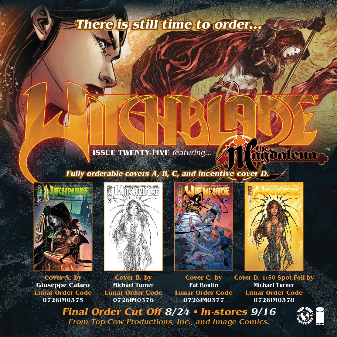 TopCow's tweet photo. THE REVIEWS SPEAK FOR THEMSELVES

“Consistently just awesome. I can’t recommend it enough!”
— @fanlightzone 

“A beautiful sense of kinetic rhythm and motion.”
— @WeReadComics 

“A dark, thrilling story… great action throughout.”
— @superpoweredfan 

“A tight, efficient, laser-focused first issue.”
— @ComicalOpinions 

“An exciting re-introduction to a classic series.”
— @MajorSpoilers 

And the run keeps getting stronger — Witchblade 22 scored 9.6 and 23 a perfect 10* from reviewer Russ Bickerstaff, who called Marguerite Bennett’s run “thoroughly entertaining.”

Now WITCHBLADE 25 kicks off a major new chapter for Sara Pezzini in a landmark oversized 48-page issue from Marguerite Bennett, Giuseppe Cafaro & Arif Prianto. 

Sara and Jake desperately need some R&R after the Aphrodite IX case—but carrying the Witchblade means the supernatural has a way of finding Sara wherever she goes. 

Plus, the celebration spreads across Image Comics with the WITCHBLADE TEAM-UP VARIANTS, and 25 features a connecting cover with The Darkness 8 by Pat Boutin & Steve Firchow, along with the return of Michael Turner’s classic Witchblade 25 cover. 

FINAL ORDER CUTOFF IS MONDAY!
Tell your comic shop you want WITCHBLADE 25.

#Witchblade #TopCow #ImageComics #SaraPezzini #FOC #Comics @Marc_Silvestri @peppe_rain