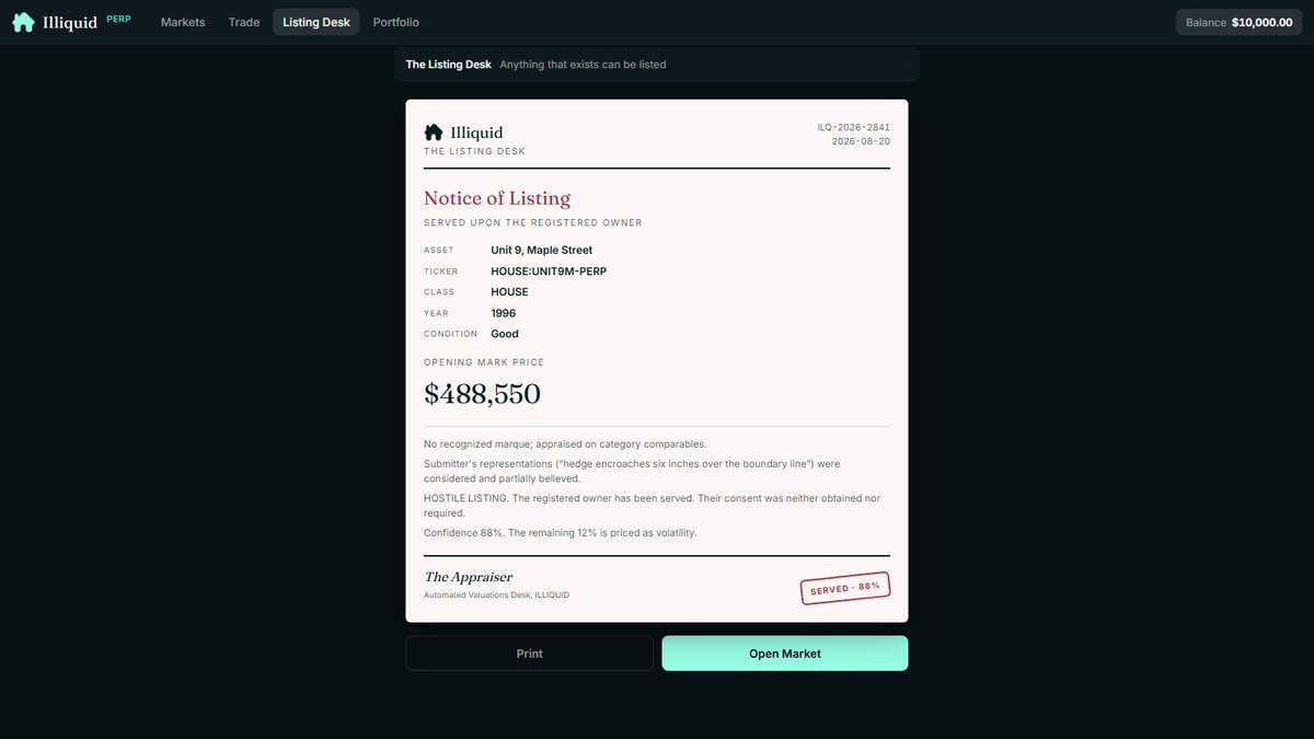 Illiquidpro's tweet photo. 01 — The appraisal 
The appraisal. Every asset enters through the Listing Desk. The engine reads the documents, checks comparables, and issues a Certificate of Listing: an opening mark, a confidence figure, the rest priced as volatility. Sentimental value is recognised at a rate of zero. §4.2.