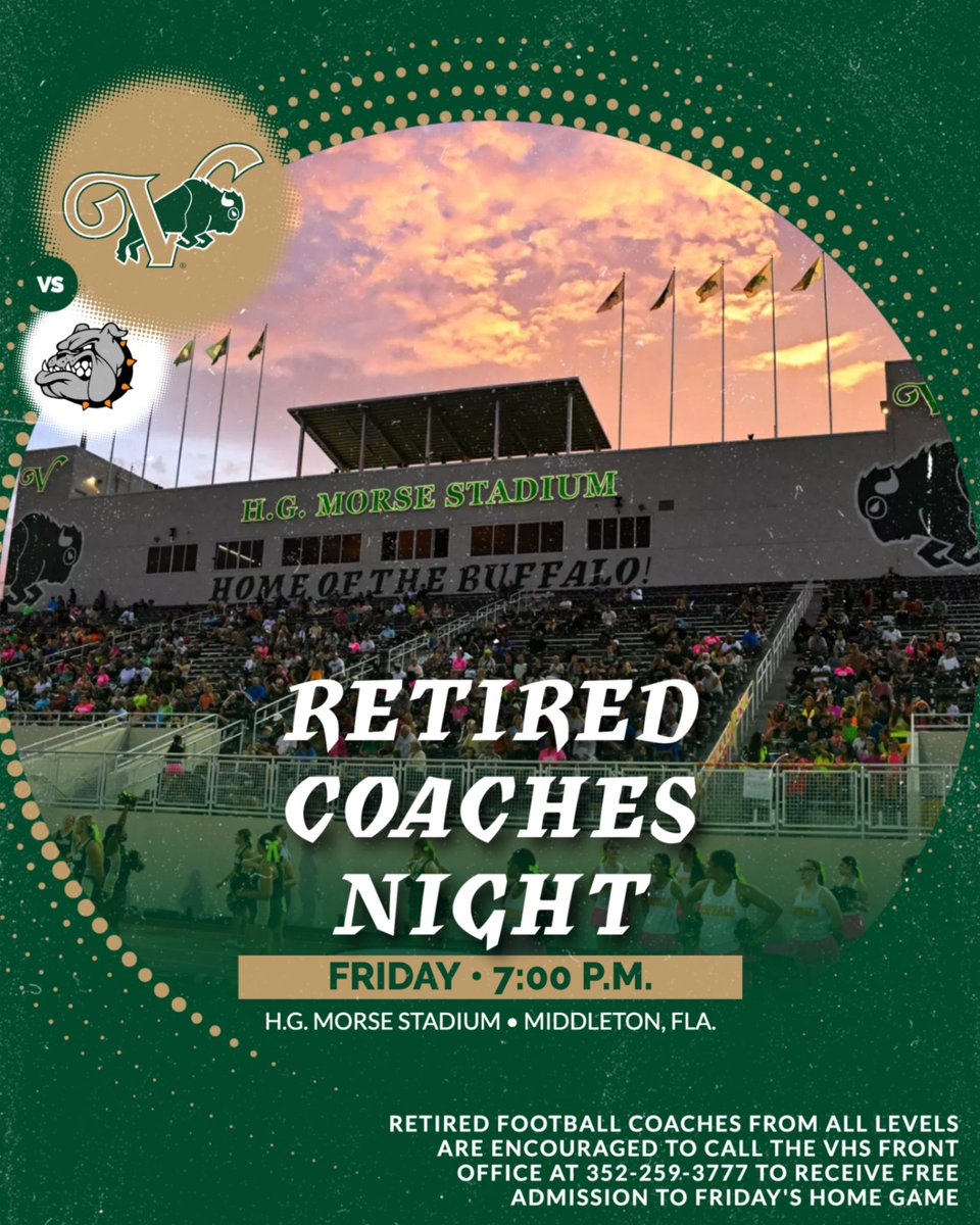 VHSFootballFBT's tweet photo. HEY COACH: Retired football coaches from all levels are encouraged to call the VHS front office at 352-259-3777 to receive free admission (plus a guest) to tomorrow night's game against Zephyrhills. https://t.co/xU6qDrEpUK