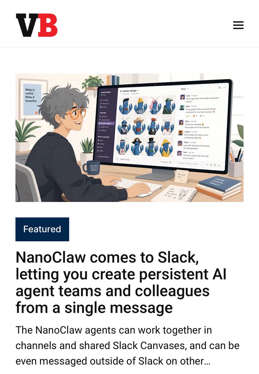 Lazer_Cohen's tweet photo. Working together with the @SlackHQ team on Slack has been very meta. And now we're ready to announce that NanoClaw is one of the companies picked to launch "Add to Slack," alongside @Lovable, @Vercel, @OpenAI, and @n8n_io.

With a few clicks, you can add a @NanoClaw_AI agent to Slack. With one command, that agent builds you a team of agents that talk to each other and work together in Slack to get the job done.

Try it now at https://t.co/teEYc3C02H