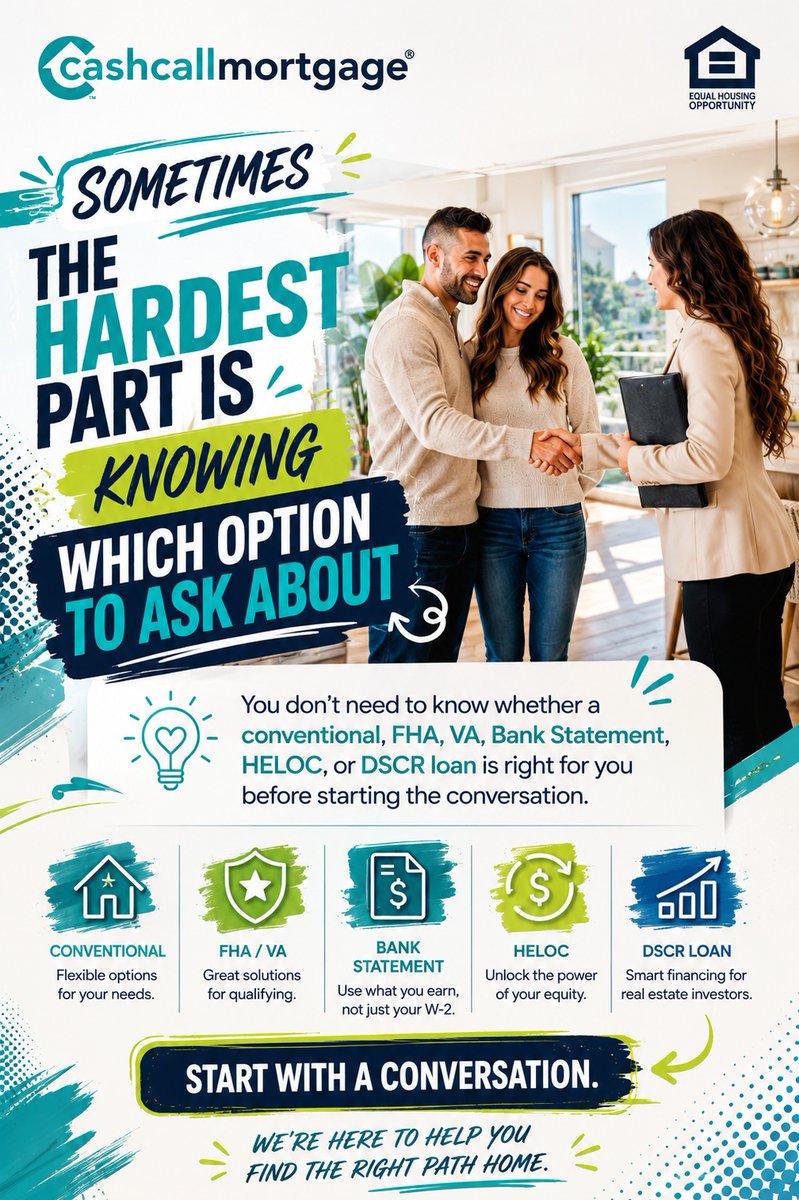CashCallLoan's tweet photo. You don't need to walk into a mortgage conversation knowing exactly which loan you need.  

Conventional, FHA, VA, Bank Statement, HELOC, DSCR, there are different options for different situations.  

That's why the conversation matters.  

CashCall Mortgage can help you understand your choices based on your goals, financial situation, and plans.  

📞 (833) 318-0988 
🌐 https://t.co/XIB6DPt9JI 

#cashcallmortgage #mortgageconsultation #mortgageoptions #homeownership
