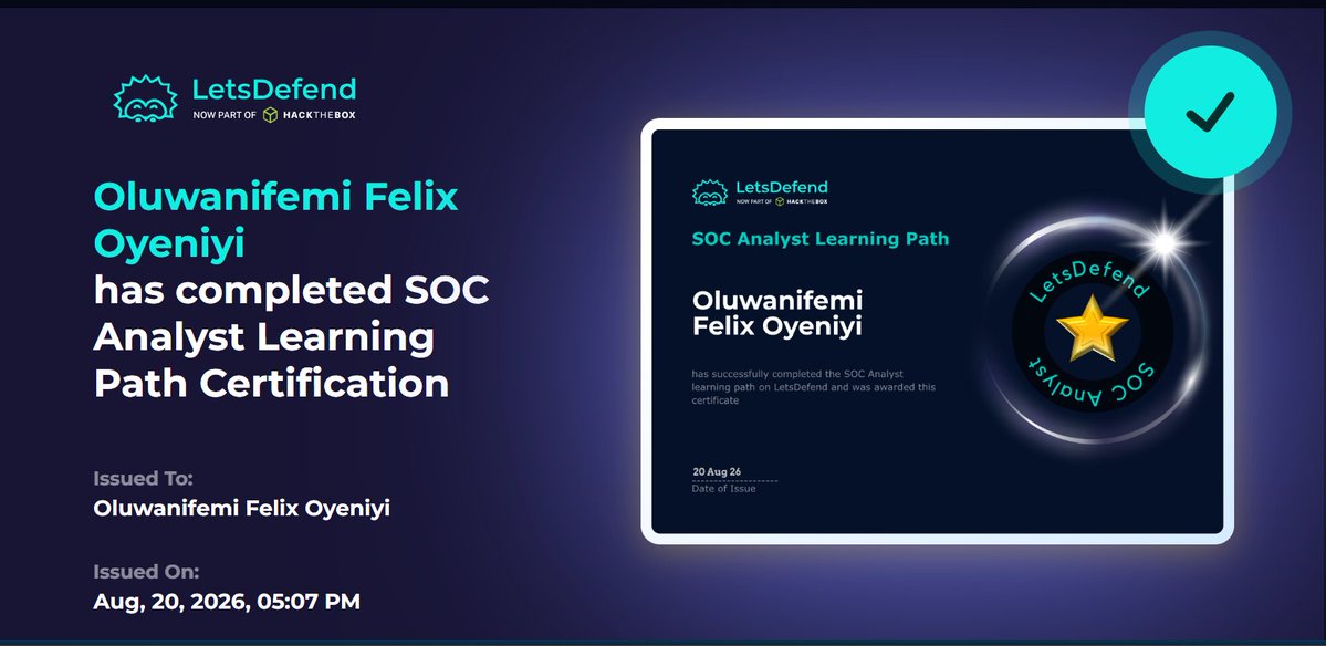 DefendWithFelix's tweet photo. Day 18 of #100DaysOfCybersecurity and I just earned my SOC Analyst Learning Path certificate on LetsDefend 🎉
Also completed the Network Security course in the SIEM Engineer path
SOC Analyst cert done SIEM Engineer path started. 🔥💪
#SecFelix #SOCAnalyst #BlueTeam #LetsDefend https://t.co/4xSxAjyAEN