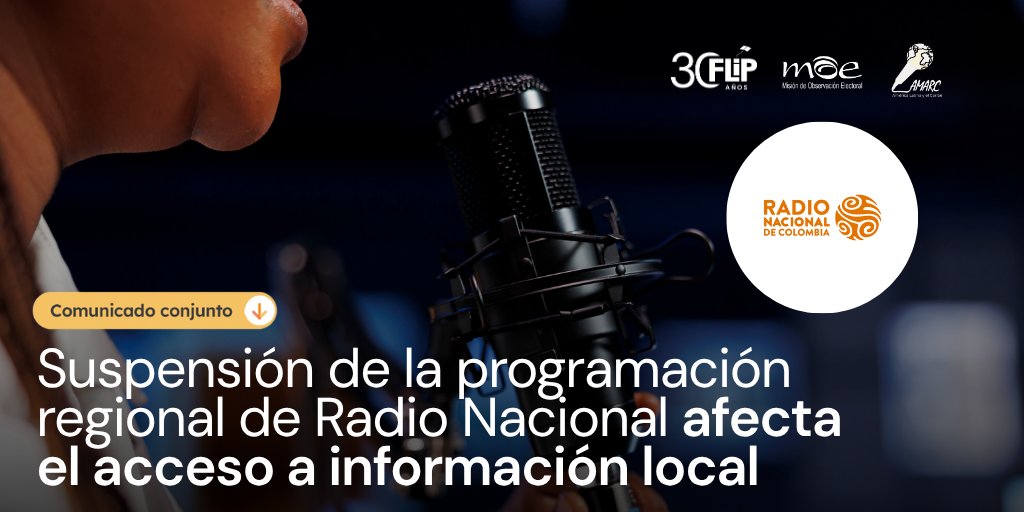 FLIP_org's tweet photo. #ComunicadoFLIP 🧵 Junto con la @moecolombia y @AMARCALC rechazamos la decisión de @INRAVISIONco de suspender la programación de las 20 emisoras de paz y las descentralizadas🇨🇴, reemplazándola con una programación exclusivamente musical y centralizada desde Bogotá. Esto restringe el acceso a la información local y desconoce el Acuerdo Final de Paz.