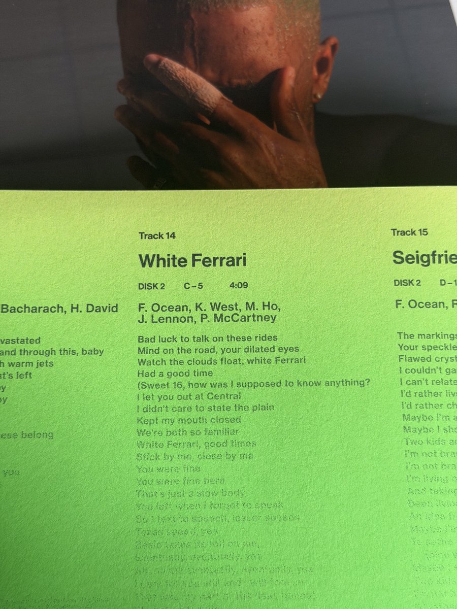 peterlanee's tweet photo. 10 years ago today Frank Ocean released Blonde. The Beatles’ “Here There and Everywhere” is interpolated on the track “White Ferrari”

John Lennon &amp; Paul McCartney are credited on the liner notes https://t.co/ERwDmWX6sy