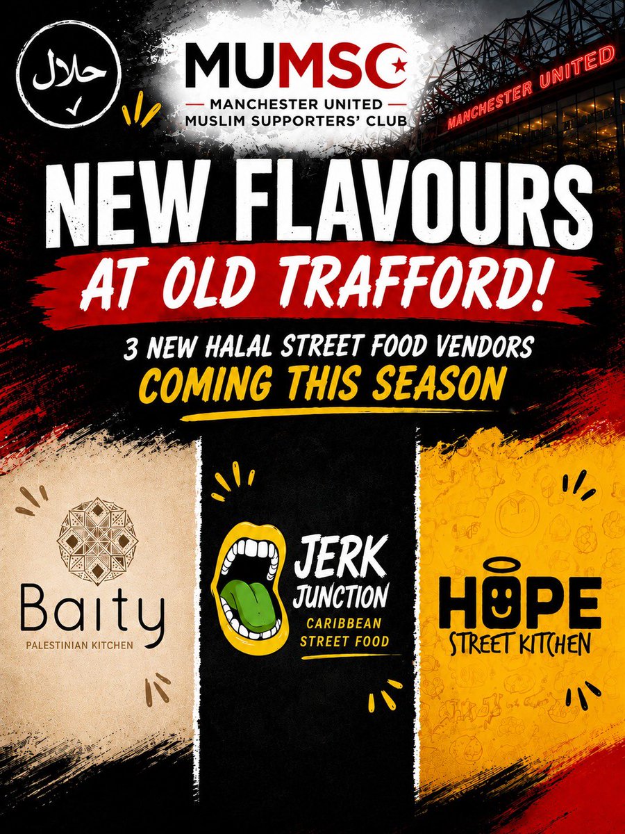 mum_sc's tweet photo. FINALLY! π΄π΄
3 new halal street food vendors are coming to Old Trafford this season:
π΅πΈ Baity β Palestinian Kitchen
π΄ Jerk Junction β Caribbean Street Food
π Hope Street Kitchen
Which one are you trying first? ππ
#MUFC #MUMSC https://t.co/2QAiyCQ4lU