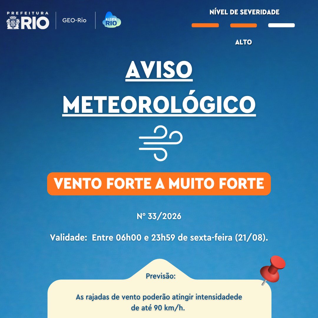 AlertaRio's tweet photo. ⚠️ AVISO METEOROLÓGICO | A aproximação de uma frente fria influenciará o tempo na cidade do Rio na sexta-feira (21/08) com intensificação dos ventos. https://t.co/Xoc9b07wCQ