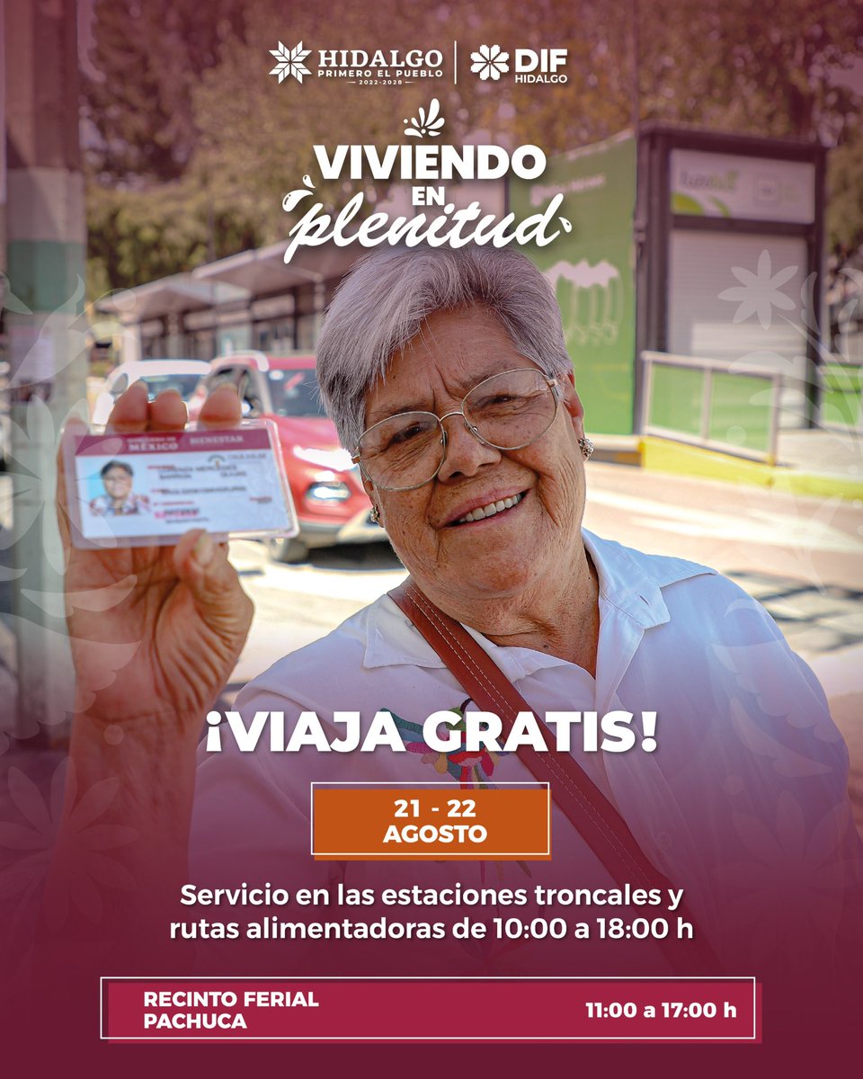 difhgo's tweet photo. 🚍⭐️ ¡No lo olvides! Este 21 y 22 de agosto, tu traslado en el Sistema de Transporte Metropolitano es GRATIS.

Ven a disfrutar de #ViviendoEnPlenitud y llega cómodo al evento.  Solo presenta tu credencial #INAPAM para viajar sin costo.

¡Entrada gratuita!

#EsPorTi https://t.co/2lmBUUS9Jy