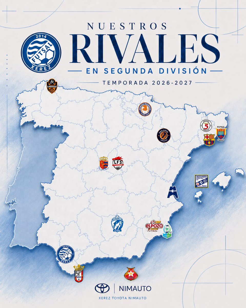 XerezDFC_Futsal's tweet photo. 15 rivales. Un mismo objetivo. 🔵⚪

La histórica temporada 26/27 ya tiene sus 15 desafíos. La primera temporada del Xerez Toyota Nimauto en Segunda División.

15 rivales, 15 batallas y toda una categoría de plata por delante. 💙

La historia continúa. ¡Vamos Xerez! 🏆🔥 https://t.co/3EvKRn28CH