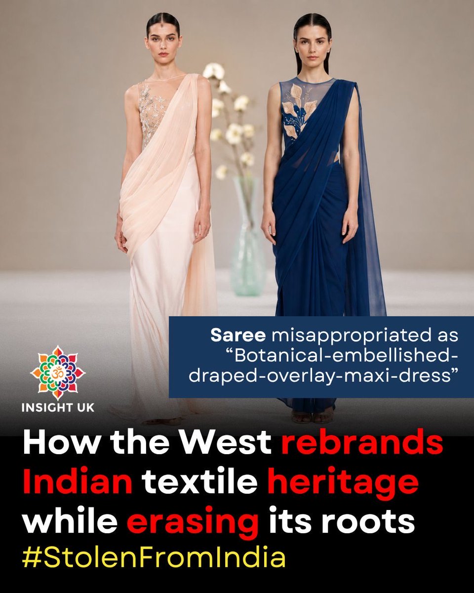 INSIGHTUK2's tweet photo. Western designers keep discovering “Indian elegance” every other season like it’s some rare mineral they just dug up in Paris.

Look at this gorgeous drape, the one-shoulder fall, the way the fabric is wrapped… that’s a saree. Not “architectural refinement.” Not “restrained sensuality.” It’s a saree. Indians have been wearing this exact silhouette for centuries.

But the same people who used to call our clothes “costume” or “too ethnic” suddenly find it elevated the moment a white model walks it down a European runway.

This is the same energy as a couple of years ago when the internet collectively lost its mind because influencers and brands started calling our dupatta a “Scandinavian scarf.”

Norway/Scandi aesthetic suddenly got credit for a piece of cloth that Indian women have been draping for generations.

The #NotScandinavian trend was everywhere and people still tried to gaslight us that it was “just a scarf.

It’s never appreciation when they erase the name, the history, and the people who actually wear it every day.

It’s just the same old cycle: mock it when we wear it, sell it when they wear it.

Anyway. Beautiful ‘gown’. Just call it Saree next time.

Read our article on Cultural Misappropriation in reply.

#NotGown #Saree #India #EthnicWear #StolenFromIndia