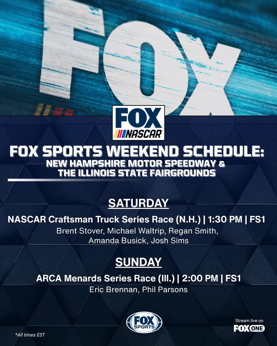 FOXSportsPR's tweet photo. A @NASCARonFOX weekend doubleheader on dirt and asphalt 🏁!

FOX Sports serves up the @NASCAR_Trucks Series taking on New Hampshire Motor Speedway on Saturday before the @ARCA_Racing Series hits the dirt Sunday at the historic Illinois State Fairgrounds.

All on FS1! https://t.co/UpG75ydVZI