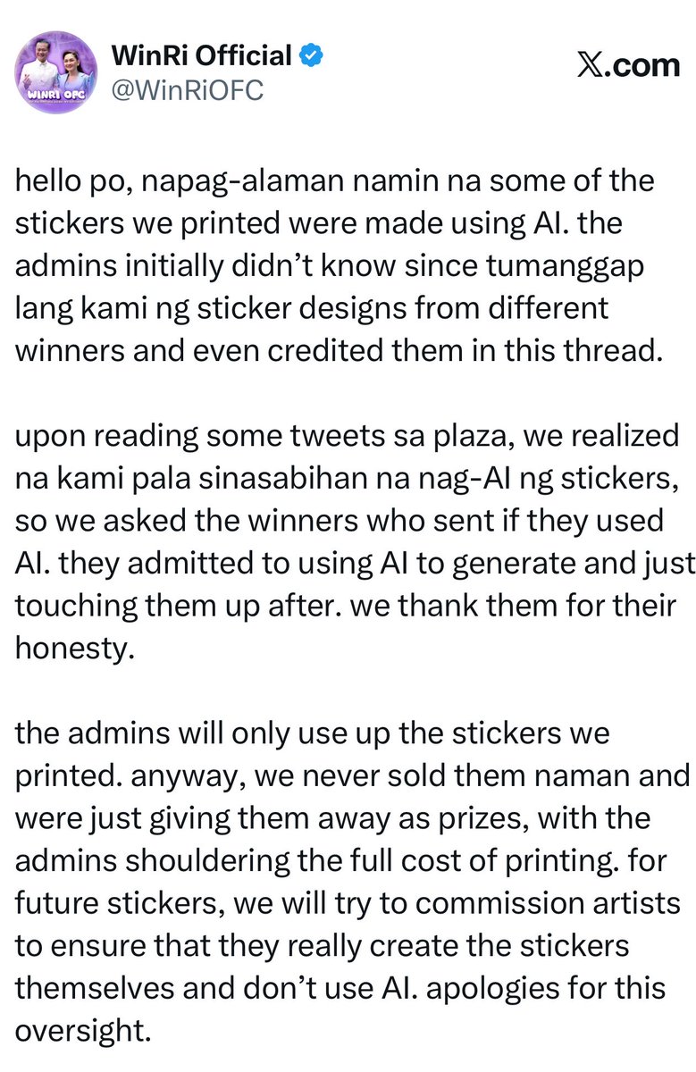 WinRiOFC's tweet photo. dumb if you do and dumb if you don’t talaga with these people. what else could they have wanted us to do? sunugin ang naprint na stickers? maging in denial sa mistake tulad ng lagi ginagawa ng hanay nila na moving the goal posts kapag matatalo sa argumento? this was the full statement, by the way.

since day one, iniiwasan ko directly pumatol sa kanila kasi naiintindihan ko na hindi naman talaga kami mag-aagree. their political strategy is to be purist, and to that I say good luck. pero ang strategy din yata nila ay batuhin ng putik lahat ng hindi ayon sa gusto nila. ano kaya mangyayari sa atin lahat kung tayo-tayo nagtatalo ng ganito to score internet points?

give ko na sa inyo, kayo na ang pinakatama at pinakamatatalino. kami rito ay mga weirdos lang na pinandidirihan ninyo kasi hindi namin kayo kalevel kasi super tataas ninyo. okay na po?