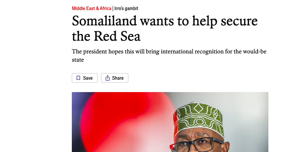 cabdirashed's tweet photo. @TheEconomist presents President Irro’s strategy of positioning Somaliland as a key partner in securing the Red Sea, using its coastline and Berbera Port to attract global powers, strengthen trade with Ethiopia, expand UAE investment, and potentially host US and Israeli military facilities. Irro hopes this strategic role will help deliver US and further international recognition.

The strategy could transform Berbera into a major gateway to the Horn of Africa while giving global powers greater strategic options in the Red Sea.

With Irro expected to visit Washington and seeking a meeting with President Trump, Somaliland is pursuing a high-stakes strategy: turning its geography, stability, port, and strategic coastline into diplomatic leverage for recognition, investment, and long-term economic transformation, while carefully managing the security risks of greater regional militarisation. 

Read: https://t.co/XIqKUG8a0i