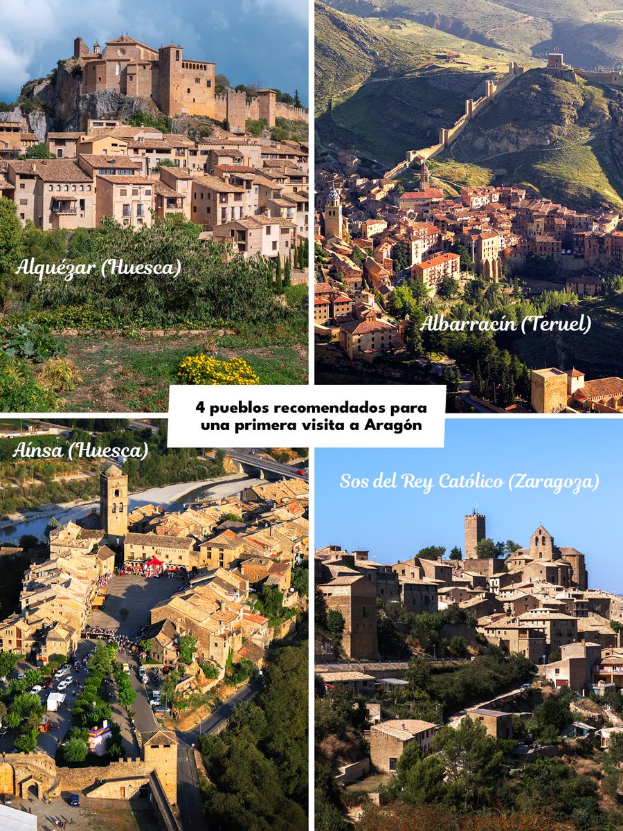 LosPueblosmbe's tweet photo. Si es tu primera vez en Aragón, apunta estos 4 pueblos. ❤️

🏘️ Albarracín (Teruel)
🏰 Aínsa (Huesca)
⛰️ Alquézar (Huesca)
👑 Sos del Rey Católico (Zaragoza)

Cuatro localidades con muchísimo encanto, historia, patrimonio y paisajes espectaculares. Y sí: cada una merece por sí sola el viaje.

📌 Guárdalos para tu próxima escapada por Aragón.