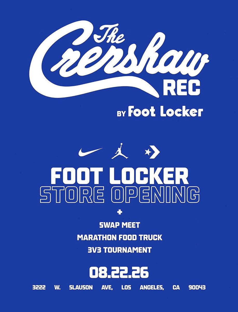 KarenCivil's tweet photo. Join us this Saturday, August 22nd, for the unveiling of the newly reimagined @footlocker at Crenshaw & Slauson!

Marathon Clothing is excited to introduce "The Crenshaw Rec" a new community space created in partnership with @footlocker and @nikela.

3222 W Slauson Ave
Los Angeles, CA 90043

Pull up and celebrate with us this Saturday!