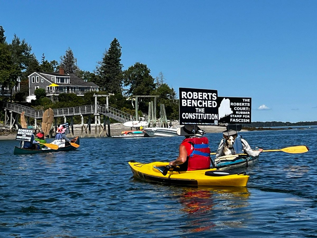 aseitzwald's tweet photo. Oyez, Oyez and Ahoy! Paddlers — and one dog — protest Chief Justice John Roberts' private Maine island. https://t.co/U2K1qWxh58 https://t.co/ysIPOGxtsA