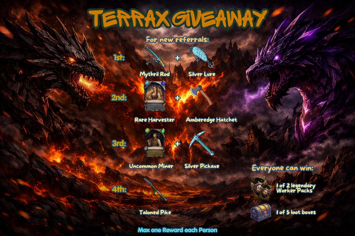 Spuggi0x's tweet photo. 🎉 HUUUGE GIVEAWAY 🎉 

To celebrate the comeback of TerraX, I’m giving away some awesome rewards!  

How it works (new signups only):
-Sign up using my referral link
-Play and push your level as high as you can
🔗https://t.co/WZ1JQ2G1y8 
The rewards go to the players with the highest levels, in descending order.

Second prize pool sponsored by TerraX  (Everyone):   
Everyone has a chance to win a Legendary Worker Pack or one loot box. 
Just follow @TerraX_Official, comment, and like this post to enter the raffle.  For every 50 likes, one additional loot box will be added to the prize pool — up to five total. 

You have 7 days. Good luck and have fun!
