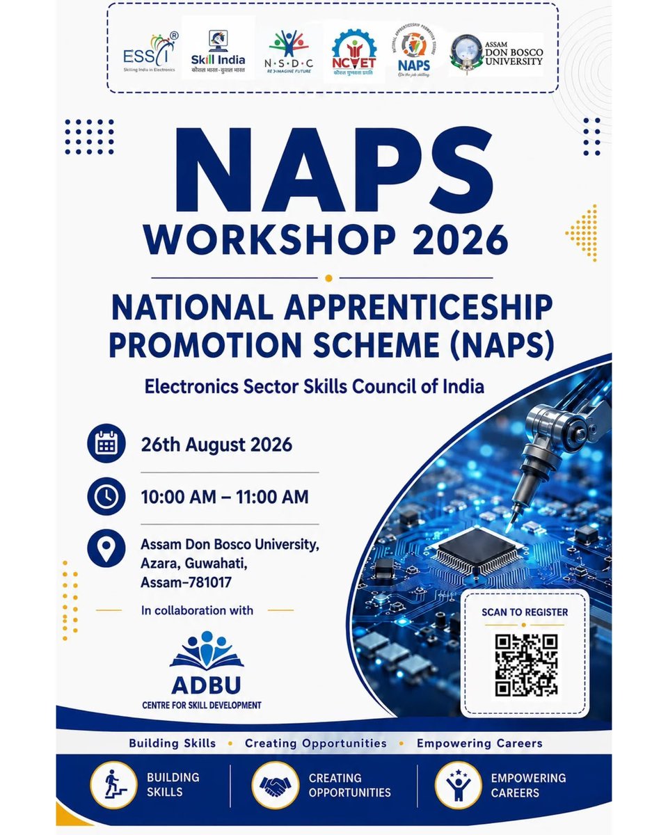 EssciIndia's tweet photo. NAPS Workshop 2026 | ESSCI &amp; ADBU Centre for Skill Development 
📅 26 Aug | 📷 10–11 AM 
#NAPS #ESSCI #Apprenticeship #ESDM https://t.co/ttwRQirfFS