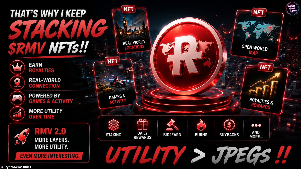 CryptoGems100YT's tweet photo. That's why i keep stacking $RMV NFTs!!    

I don't want an NFT just because someone might pay me more for it someday.  

I want it to actually DO something!!

Generate royalties
Connect to real-world locations
Benefit from games and activity
Become more useful as the ecosystem grows  

And with RMV 2.0 adding more and more layers around them, this gets even more interesting imo.  

Utility > JPEGs !!