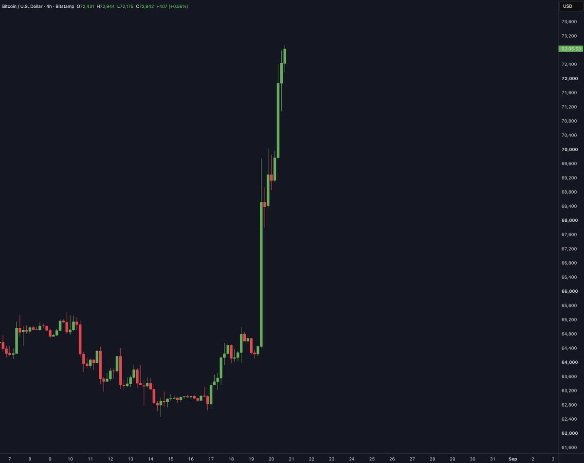 cryptorover's tweet photo. $73,000 BITCOIN.

The "God Candle" continues. https://t.co/XUL1aDlL1o