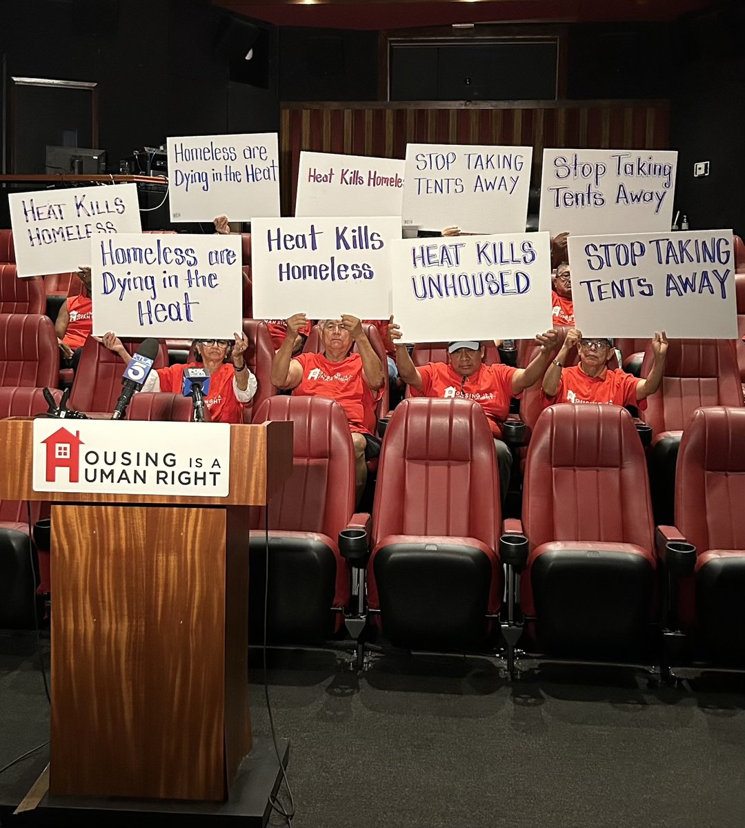 HousingHumanRt's tweet photo. ICYMI: We held a press conference yesterday, demanding that L.A. Mayor Karen Bass immediately stop removing the tents of the unhoused, leaving them unprotected from extreme weather. 

That mural at our HQ is by Barbara Kruger, which asks "Who is housed when money talks?" https://t.co/mHrRzprbAK