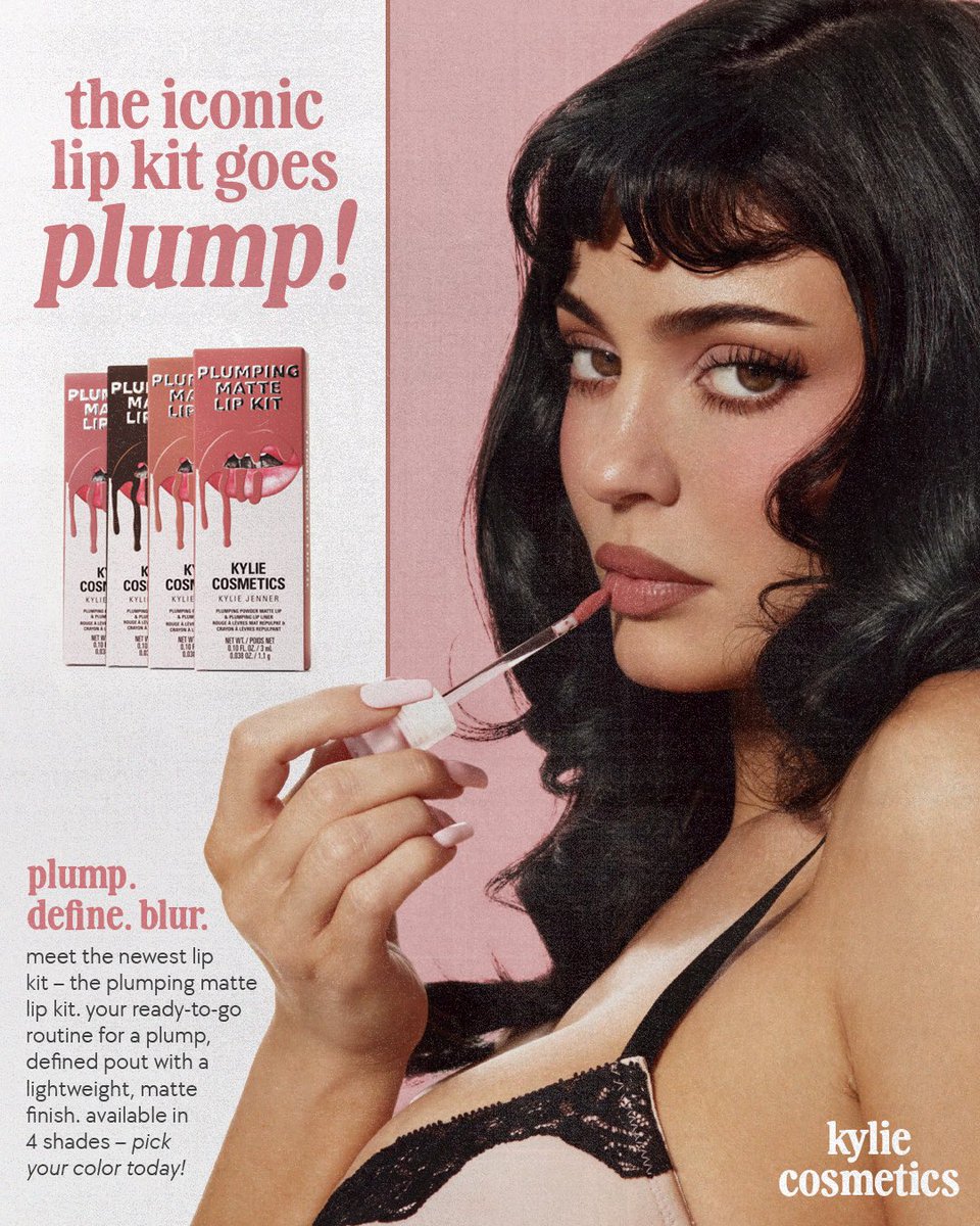 kyliecosmetics's tweet photo. the iconic lip kit goes plump 🤍⁠

available in 4 shades:⁠
 👄 kylie (soft dusty rose)⁠
 👄 candy k (warm pink nude)⁠
 👄 dolce k (taupe nude)⁠
 👄 true brown k (deep chocolate brown)⁠
⁠
now available at https://t.co/EPFg6DDlkd and @ultabeauty!⁠ https://t.co/fVMqIijd1S