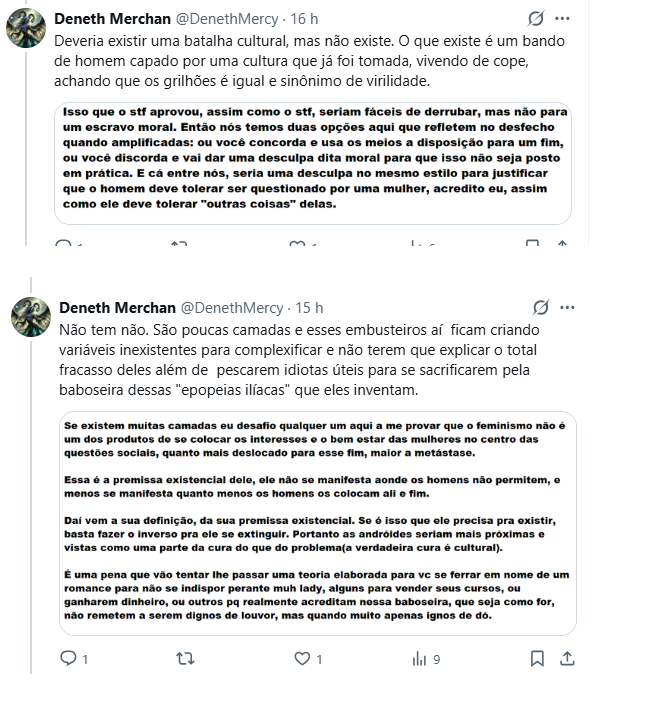 DenethMercy's tweet photo. @tato_rj @eduardoafvieira Não fode meu, feminismo é ressonante sob a captação de idiotas úteis(que não são as mulheres), que é reflexo da cultura, que estou falando de bem antes aqui e aqui. https://t.co/3fCsZqyVkF
