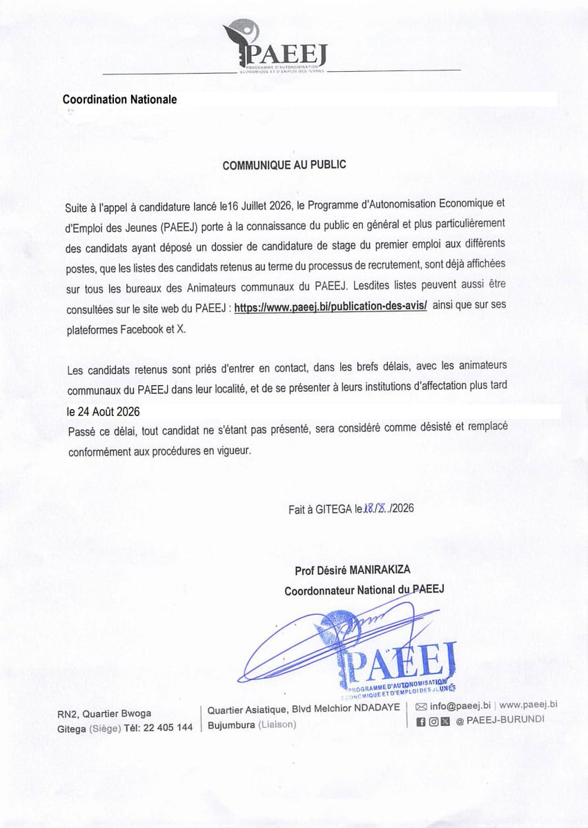 PAEEJ_Burundi's tweet photo. 📢 Le @PAEEJ_Burundi
 informe les jeunes ayant postulé aux stages professionnels que les listes des candidats retenus sont disponibles.

🔗 Consultez-les en ligne ici 👉https://t.co/LJFCO204nC

‼️ Début des stages : au plus tard le 24/8/2026. https://t.co/QpzybzcW1T