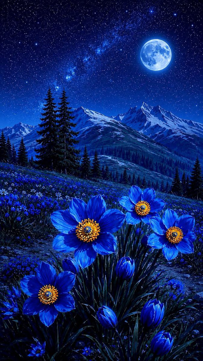 Noormxvu's tweet photo. Under the moonlight, the mountains glow with magic. 🌙💙
Blue flowers bloom like little stars beneath the sky. 🌸✨
A peaceful view that feels like a dream. 🏔️💫 https://t.co/fPzDUEG8Or