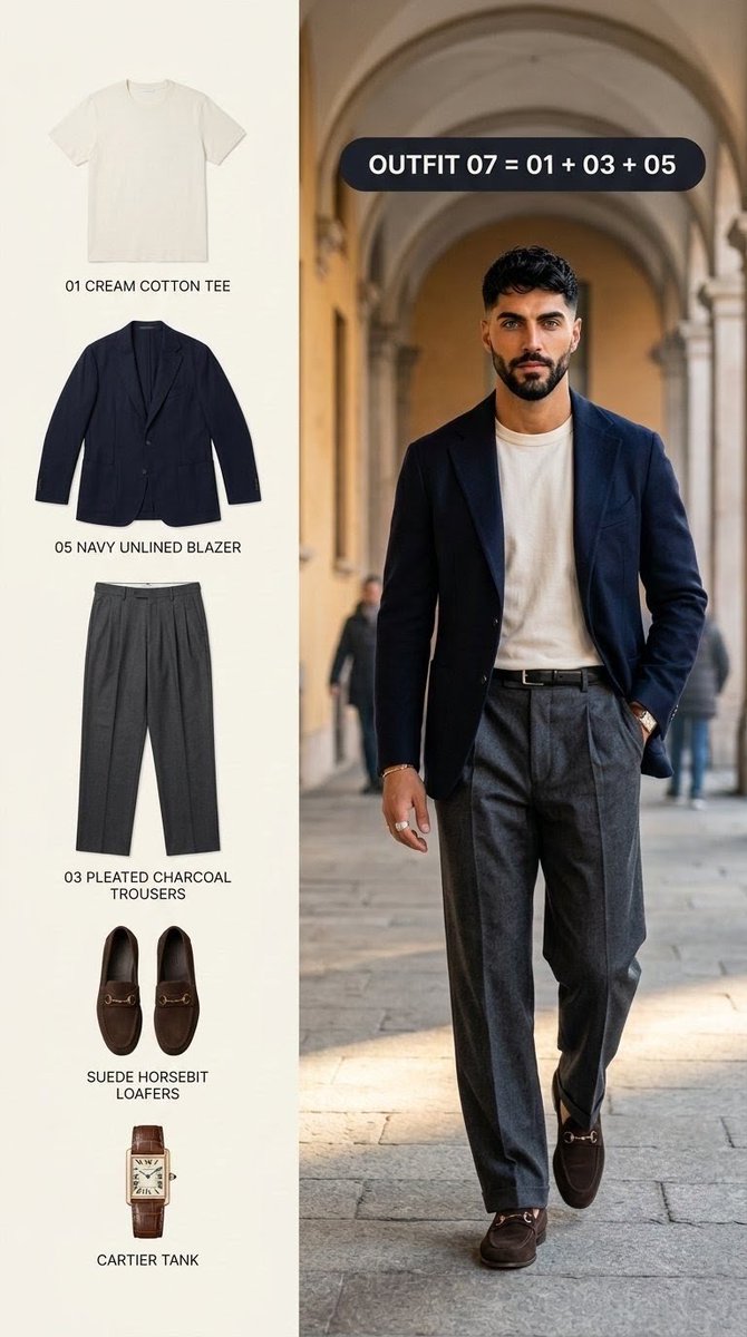 StyledBylok's tweet photo. Part 3 of 4 — outfits 07 to 09, same five pieces. One piece changes the whole outfit. #oldmoney #menswear #ootd https://t.co/xXQ8pRLdkE