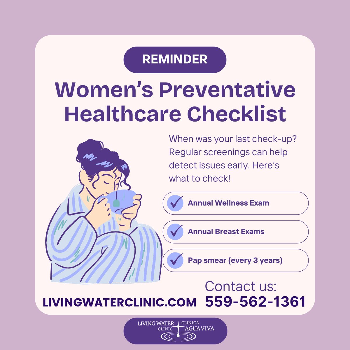 LW_Clinic's tweet photo. Your health deserves attention at every stage of life. 💜 Our Women’s Preventative Healthcare Checklist can help you keep track of important screenings and wellness visits. Living Water Clinic is here to support you along the way. 

#WomensHealth #LivingWaterClinic https://t.co/2uaRoZFn8s