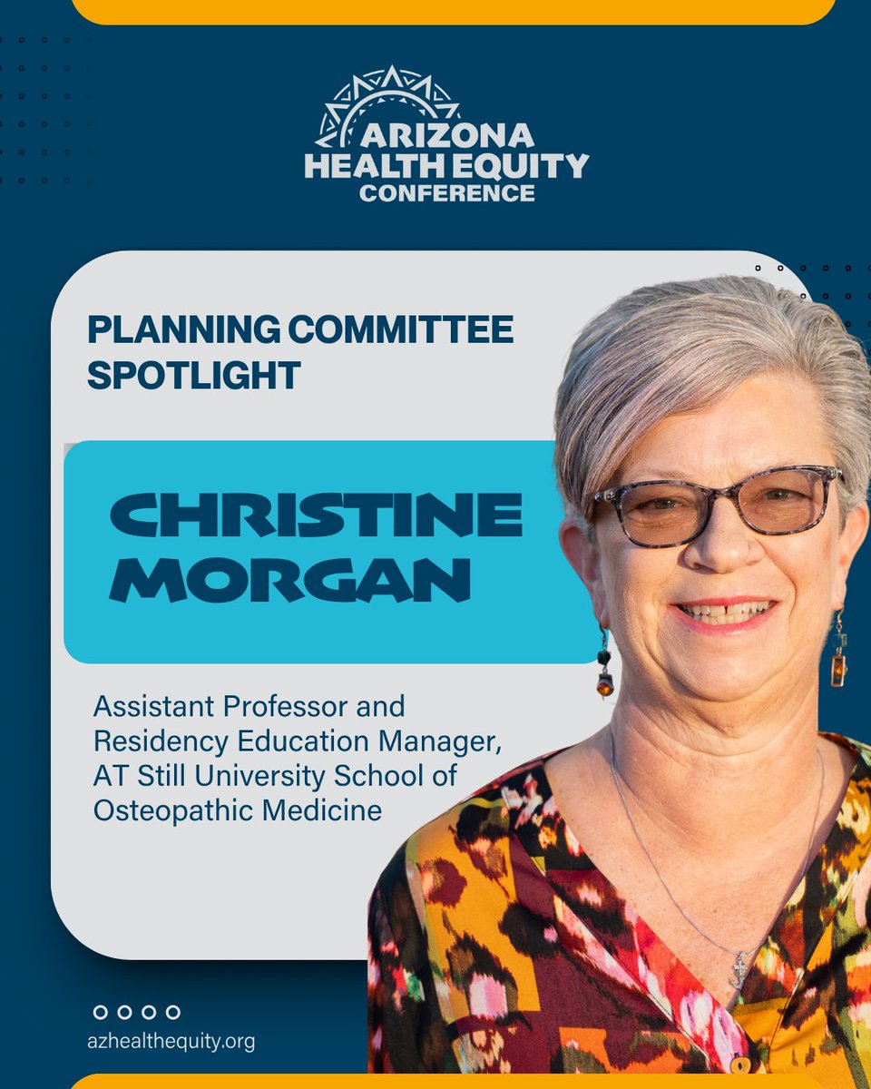AZHealthEquity's tweet photo. ⭐Planning Committee Spotlight: Dr. Christine Morgan⭐

Christine Morgan, EdD, CHES is an assistant professor and Residency Education Manager for AT Still University-School of Osteopathic Medicine in Arizona. 

We are grateful to have her expertise on the Planning Committee! https://t.co/sh4esr8NQc