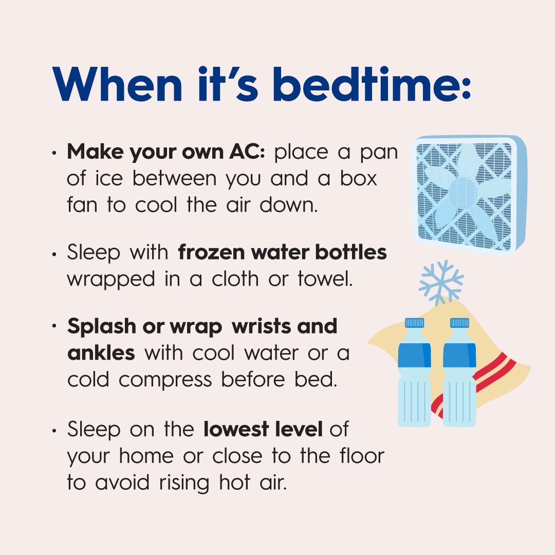 MyLA311's tweet photo. Heat waves are dangerous and exhausting, especially when it’s too hot to sleep well at night. Your body needs to cool down and rest at night. Here are some things you can do to cool your home and improve your sleep quality. Learn more at https://t.co/cLAwqfzu4v https://t.co/TqGwtO02PH