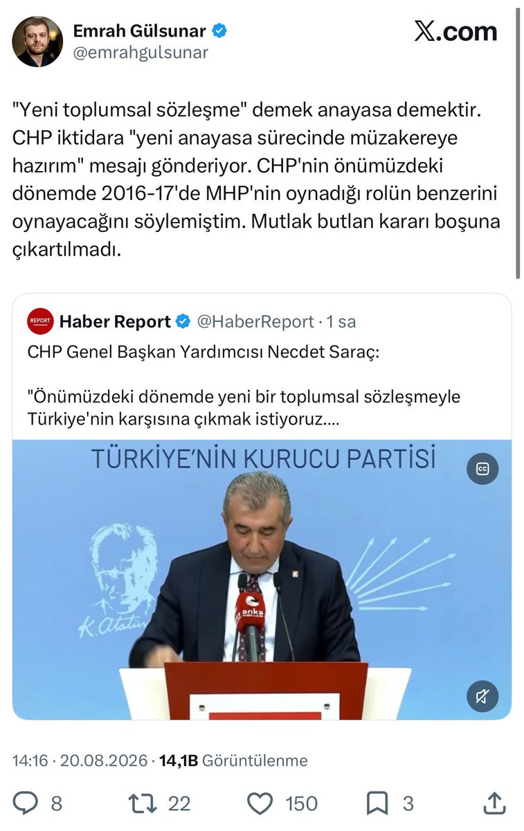 semihsamyurek's tweet photo. 1) Bir yanda "Korsika modeli gibi adem-i merkeziyetçilik konuşulsun, ulus-devlet esnesin" diyerek bunu çağdaş dünya trendi diye pazarlamak; diğer yanda CHP "yeni toplumsal sözleşme" deyince "iktidara yanladılar" diye yaygara koparmak...

2) Fikirler çatışmıyor, ortadaki hal tam bir "küçük farkların narsisizmi". İki tarafın da ıskaladığı esas hakikat şudur: Bölünmek veya birleşmek kendi başına nötr biçimlerdir; onlara yönünü ve manasını veren, dünya sisteminin mer'î sömürü mekanizmasıdır.

3) 20. asırda mesele, tek bir merkezden (İstanbul); Adriyatik’ten Hint Okyanusu’na kadar ordu toplayabilen, vergi kesen ve Batı yayılmacılığına set çekme potansiyeli olan büyük siyasi iradeyi tasfiye etmekti. Dünya sistemi o gün bu omurgayı kırmak için "böl, parçala, yönet" taktiğiyle bizi küçük kompartımanlara hapsetti. Bizim Misak-ı Millî dediğimiz hat ise yangından kurtarabildiğimiz son müdafaa mevzisi, bir ricat eşiğiydi.

4) O gün dünya sistemine çomak sokma potansiyeli taşıyan imparatorluk mantığı tasfiye edildi; nitekim Birinci Dünya Savaşı’nda kaybedenler tek tek devletler değil, bizatihi o nizamın kendisiydi. Bugün ise, aynı potansiyeli barındıran bir siyasi iradenin yeniden inşası değil; küresel sermayenin, finansın ve lojistik hatların pürüzsüz akışı uğruna dayatılan bir "pazar birleşmesi" isteniyor. Dün İslâm tehdidini hapsetmek için o sınırları çizen Batı, bugün kendi tırları ve finansal tahakkümü takılmadan aksın diye bizzat o sınırları gevşetip 'transit koridor, bölgesel pazar ve entegrasyon' masalları fısıldıyor.

5) Dünya sistemi bizi tam da bu sahte ikileme kilitliyor: Ya hiçbir siyasi irade ve iddia üretemeden kendi dar sınırlarına sıkışıp Batı'nın kriz anlarında ilk feda edeceği, rezerv para şantajlarıyla terbiye edilen güçsüz bir periferisi olmaya razı olacaksınız; ya da küresel sermayenin transit hatları rahat işlesin diye sınırları gevşetip kimliksiz bir açık pazar havzasına dönüşeceksiniz. Yani köprü ve mozaik olacaksınız. İki tercihte de celladın insafına terk edilmişlikten başka bir istikbâl yoktur.

6) İkisi de çare değildir. Çare; ne Misak-ı Millî'yi Batı ile çatışmama imkânı sunan bir barış sanmak ne de sınırlarımızı emperyalizmin lojistik otobanına çevirmektir. Biz kendi kabuğumuza çekilip uslu dursak da Batı; bu toprağın İslâm ile vatanlaşmasını ve dünya sistemine çomak sokan kurucu Türk mevcudiyetini asla hazmedemeyecektir. Batı bize "sermaye açlığı" üzerinden had bildirmeye kalkarken, bizzat Basra’dan Avrupa’ya uzanan tedarik hatlarında, boğazlarda ve enerji koridorlarında bu toprağın iradesine mahkûm kılınmalıdır.

Çare; bu toprakların Batı için bir "köprü", küresel sermaye için parçalanacak bir "mozaik" değil, gâvurla sınır çekilerek vatan kılınmış bir darü’l-İslâm olduğunu idrak etmekle başlar. Bize dayatılan transit hatları ve bölgesel pazarı küresel sermayenin sömürü kanalları olmaktan çıkarmak; finansal sistemi bir silaha dönüştüren dolar nizamına karşı kendi bölgesel iktisadi ve lojistik zeminini tahkim eden bir "hâkimiyet filtresi" kurmaktır. Batı'yı aradan çıkaran bu imkânları dünya sistemine boyun eğmek için değil, onun şantajlarına set çekecek ve gerektiğinde vanasını kısacak stratejik bir koza çevirmektir.

7) Bütün bu gürültünün ardında yatan hakikat, dünya sisteminin yeni entegrasyon tezgâhına taşeronluk etme yarışından ibarettir. Zihinler hâlâ Batı'dan tescil ve aferin alma ezikliğiyle maluldür. Bugün ihtiyaç duyulan şey, aynı kapının eşiğinde bekleşenlerin küçük farklarının narsisizmi değil; dünya sistemiyle bu toprağın kurucu davası arasındaki büyük farkın hakikiliğidir.