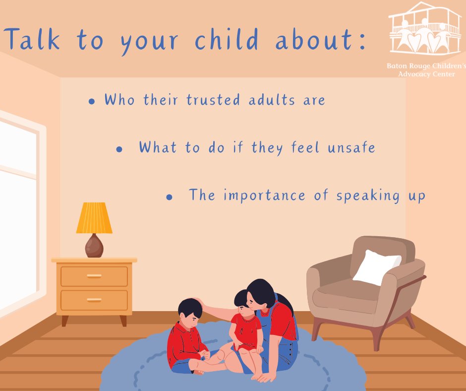 BatonRougeCAC's tweet photo. Simple conversations can help children feel more confident and prepared.
Helping children feel heard starts with making space for those conversations.
Hashtags:
#ChildSafety #ParentTips #BRCAC #ProtectChildren #ForTheKids #BatonRouge #StartTheConversation https://t.co/2r2IcUBfgB