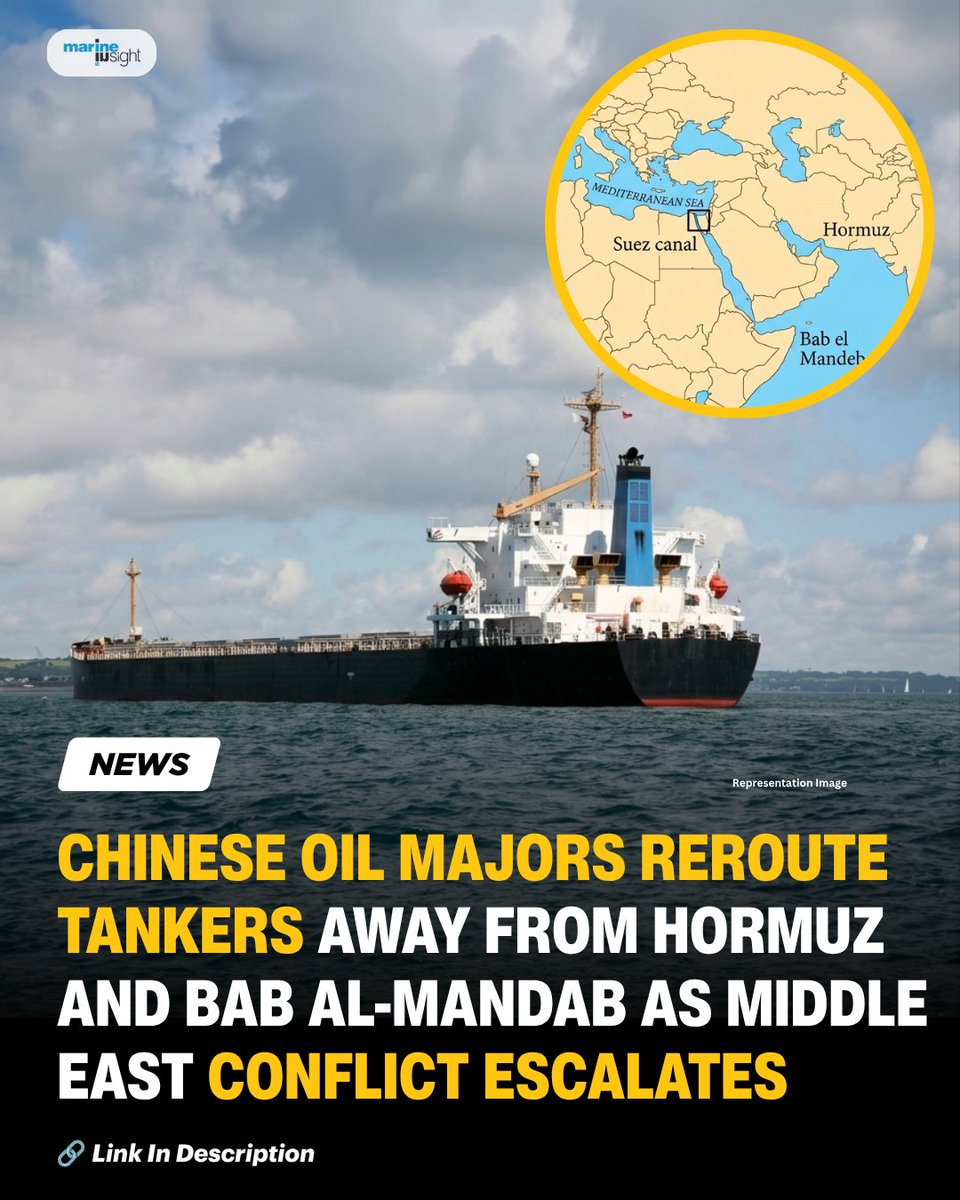 MarineInsight's tweet photo. Chinese Oil Giants Stop Sending Tankers Via Hormuz, Bab al-Mandab Amid Middle East Conflict

Read Full News Here 👉 https://t.co/7pT4pQLc9A

#Oiltanker #Hormuz #MarineInsight #BabalMandab #MiddelEast #news #ShipLife #GlobalTrade #Seafarers #ShippingIndustry https://t.co/Trl8XzMUNQ