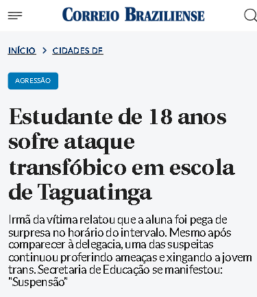 fabiofelixdf's tweet photo. Completo absurdo o caso da aluna trans que foi agredida fisicamente dentro do CED 02 de Taguatinga. A Comissão de Direitos Humanos está em contato com a família da vítima e já oficiamos as Secretarias de Educação e de Segurança Pública, cobrando uma apuração rigorosa do caso.

De acordo com a denúncia, a jovem sofreu puxões de cabelo, chutes e ficou com ferimentos pelo corpo. Mesmo depois da agressão, as ofensas transfóbicas continuaram nas redes sociais por parte das agressoras.

A violência LGBTIfóbica nas escolas é uma realidade que afasta muitas pessoas LGBTQIA+ do ambiente escolar. Toda pessoa tem o direito de estudar em um espaço seguro, livre de violência, discriminação e preconceito.

Toda a nossa solidariedade à estudante e à sua família. Seguiremos acompanhando o caso e estamos à disposição da jovem e de sua família para oferecer todo o suporte e acolhimento necessários. Transfobia é crime e precisa ser enfrentada!